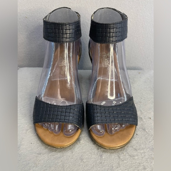 Rieker Sandals Antistress Woven Leather Black Easy close Open Toe Block Heel - Picture 2 of 13